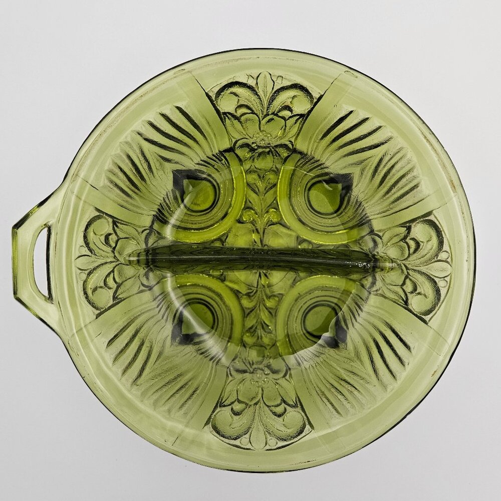 Vintage Indiana Glass Green Divided Round Relish, Olive/Pickle Dish